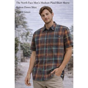 The North Face Men’s Medium Plaid Short Sleeve Button Down Shirt Brown Green